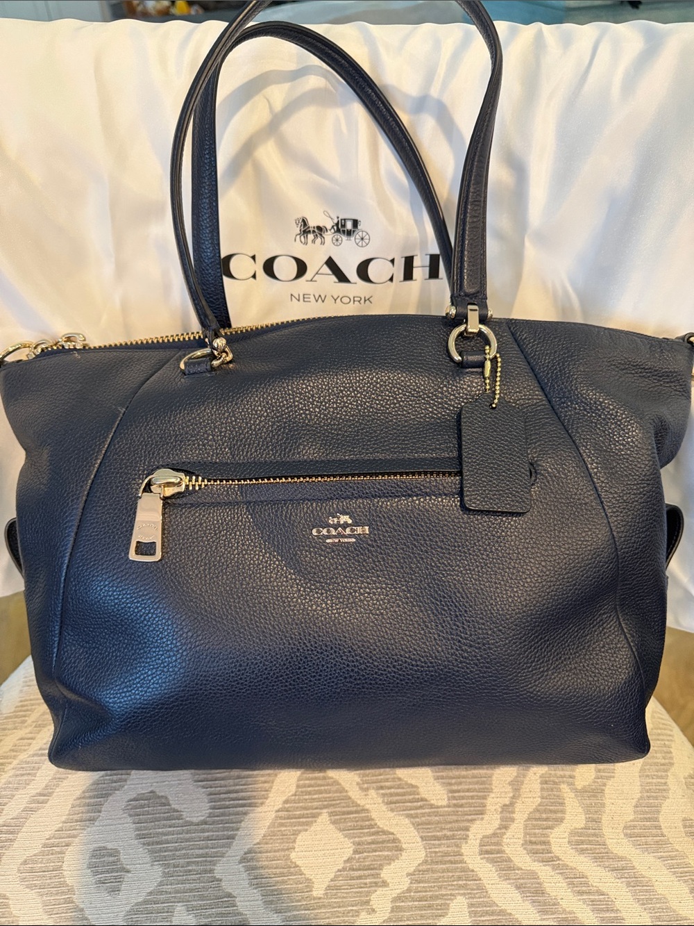 Coach Navy Pebbled Leather Shoulder Bag with Gold Accents